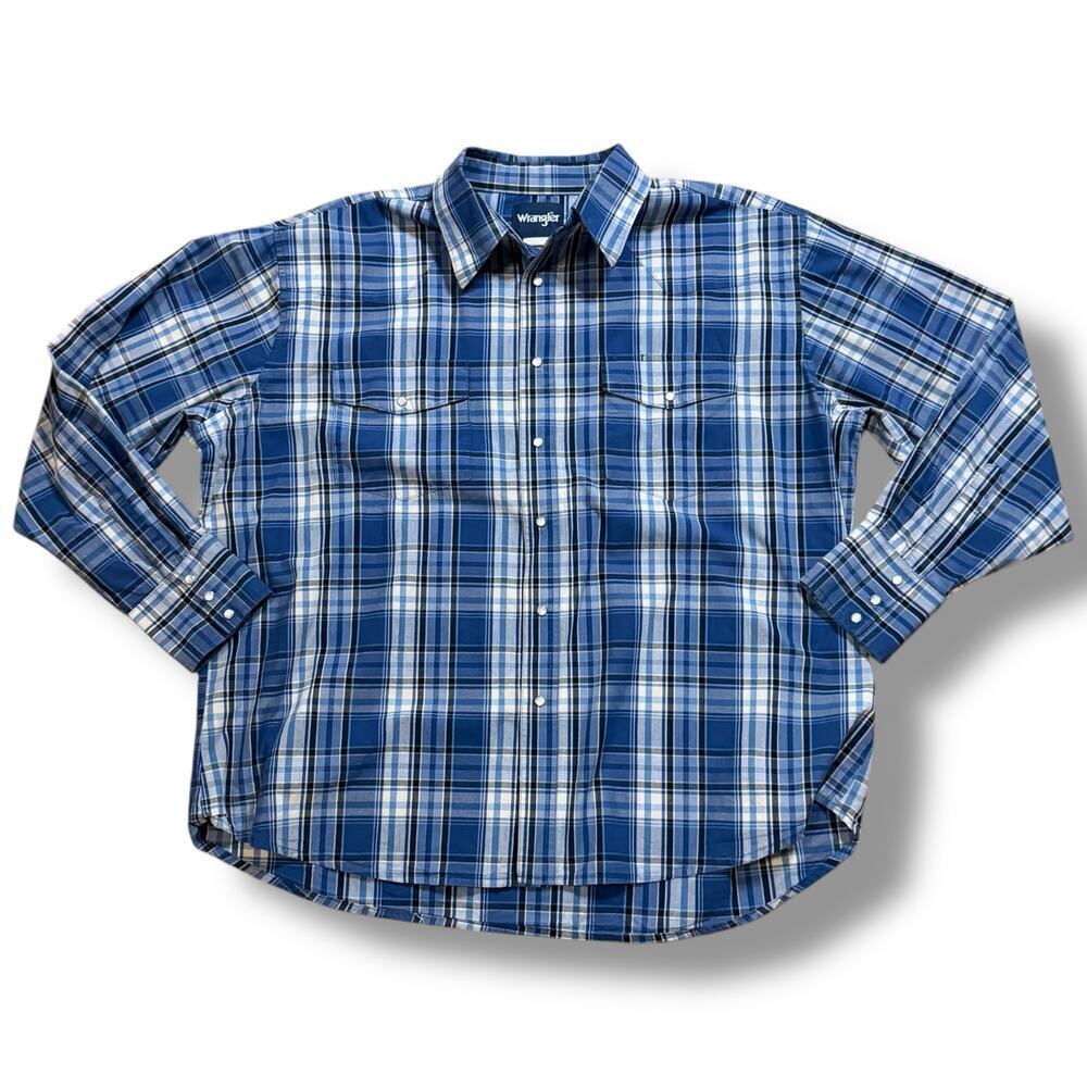 Vintage Wrangler Pearl Snap Button Shirt Blue White Plaid Western Cowboy 3XL